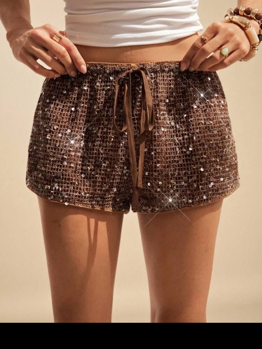 Brown Sequin Drawstring Women’s Shorts